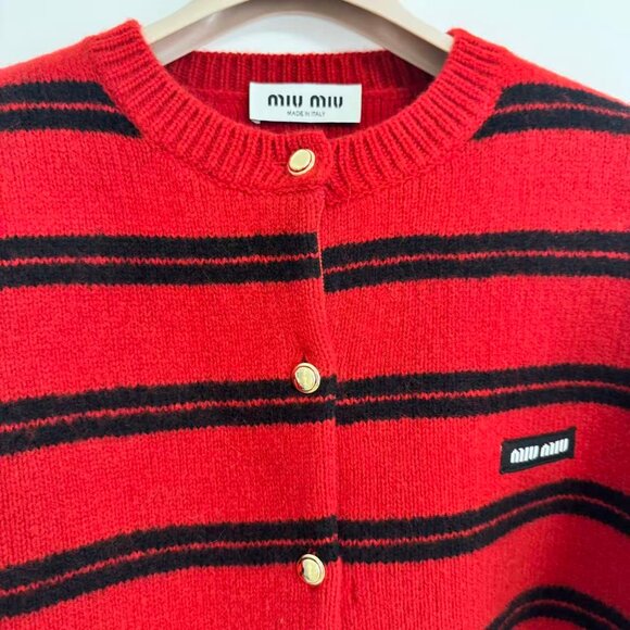 MIU MIU Shetland Knit Cardigan In Red/black - Picture 10 of 11